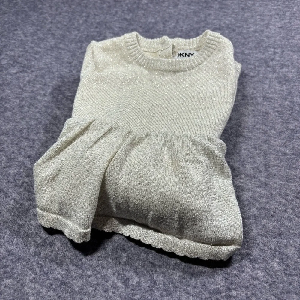 DKNY Girls Cream Tiered Knit Dress with Puff Sleeves - Picture 10 of 11
